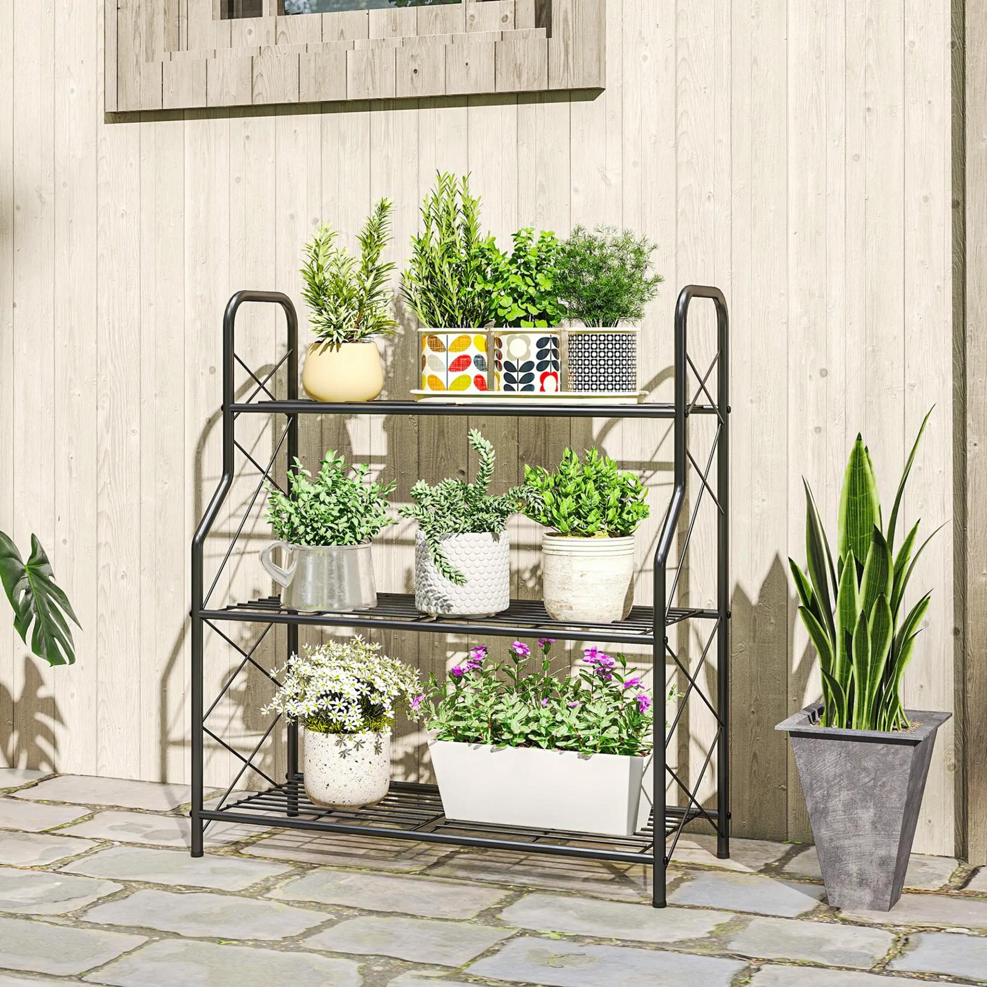 Soporte para Plantas de 3 Niveles Estantería Metálica Resistente para Interior y Exterior 69x28,5x78 cm Negro