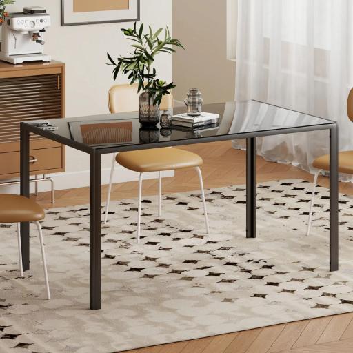 Mesa de Comedor de Cristal Rectangular para 6 Personas con Patas de Metal para Cocina Salón 140x80x75 cm Negro
