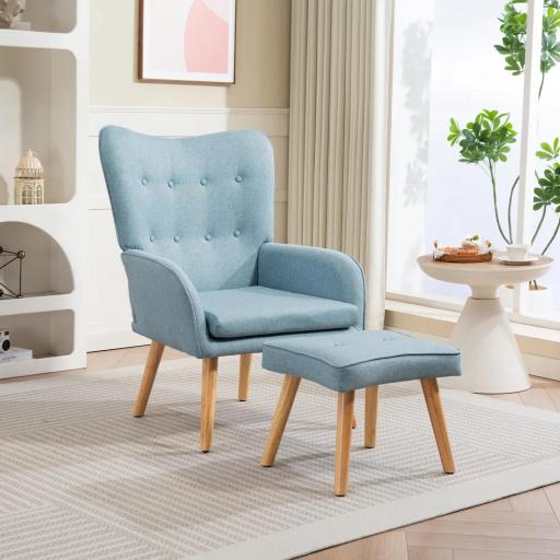 Sillón con Reposapiés Sillón Lectura con Respaldo Alto Capitoné Patas de Madera y Tapizado en Lino Azul Claro [5]