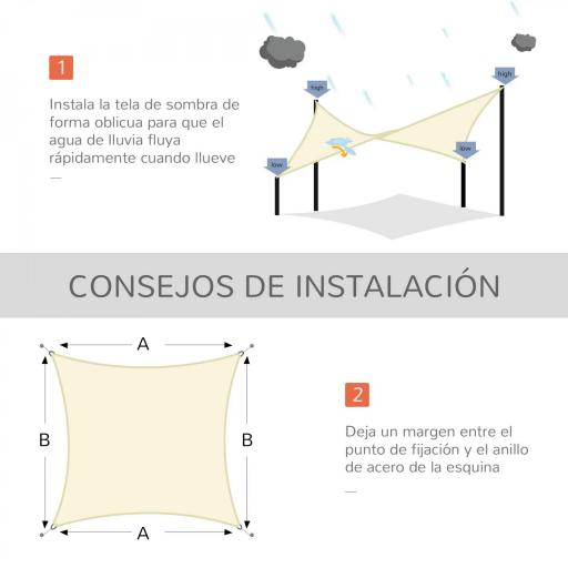 Toldo Vela Rectangular 6x4 m Vela de Sombra para Jardín Patio Terraza Poliéster Anti UV Color Beige [3]