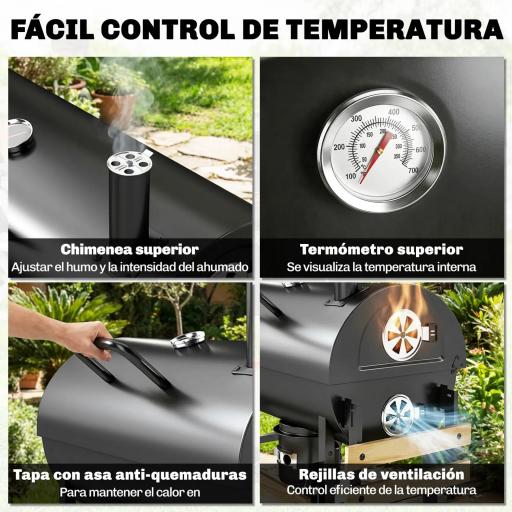 Barbacoa de Carbón Portátil Barbacoa Carbón Barril con Asador Eléctrico Estantes Plegables Ruedas Termómetro [7]
