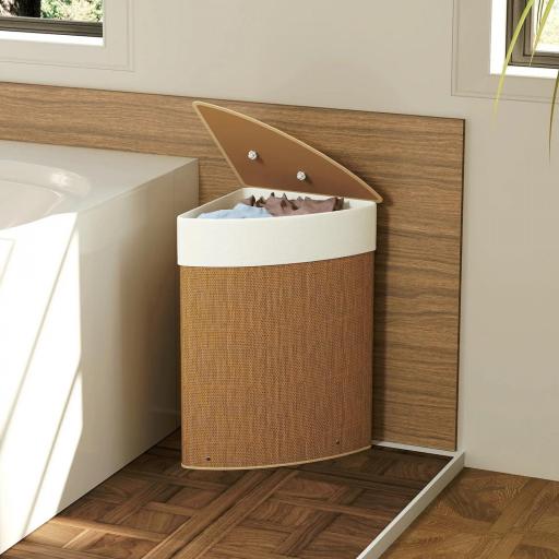 Cesto Ropa Sucia Bambú para Esquina 55L con Tapa y Asa Bolsa Extraíble Lavable 35x35x60 cm Marrón [6]