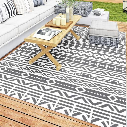 Alfombra de Exterior Reversible 182x274 cm con Patrón Geométrico de Cenefa Impermeable con Bolsa Gris y Blanco [6]