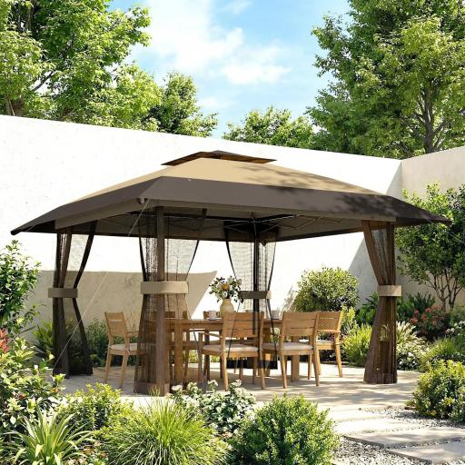 Carpa Plegable 4x4 m Pop-up con Doble Techo 4 Laterales de Malla Altura Ajustable Bolsa Transporte UPF30+ Caqui