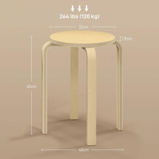 Juego de 4 Taburetes Apilables Taburetes de Madera Redondos Carga 120 kg para Cocina Salón Ø40x45 cm Madera Natural [1]