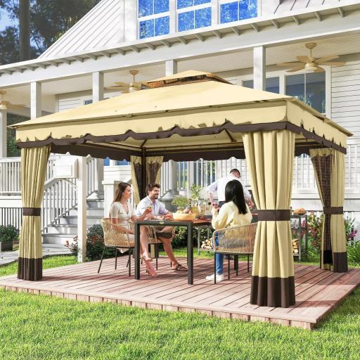 Cenador de Jardín 3,7x3 m con Doble Techo 4 Cortinas y Mosquitera Marco de Acero Orificios de Drenaje UV30+ Beige