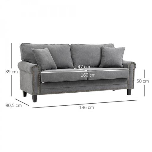 Sofá de 3 Plazas con Tachuelas Oro Envejecido Tapizado en Poliéster con 2 Cojines Decorativos 196x80,5x89 cm Gris [1]