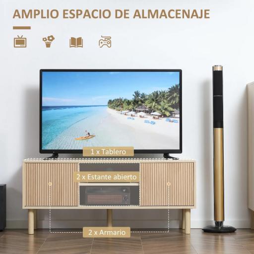 Mesa de TV con Puertas Correderas Estantes Abiertos Orificios para Cables para Televisión hasta 50 Pulgadas Natural [2]