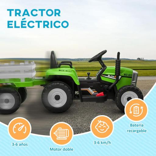 Tractor Eléctrico con Remolque para Niños 3-6 Años con Control Remoto y Cinturón de Seguridad 136,5x50x52,5 cm Verde [4]