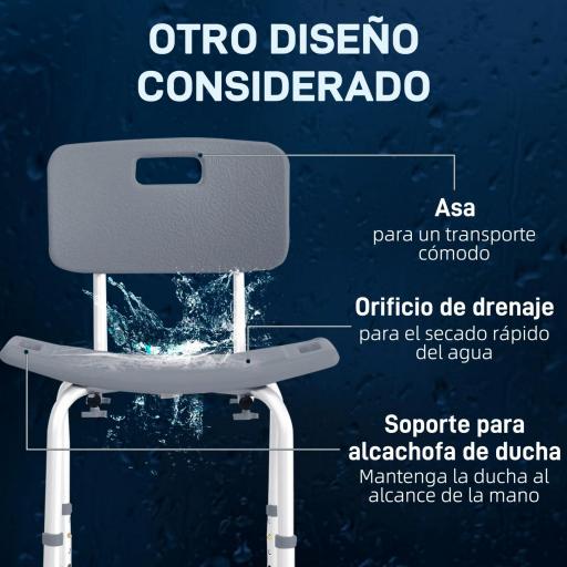 Taburete de Ducha Silla para Ducha con Respaldo Antideslizante Altura Regulable en 8 Niveles Carga 136 kg [2]