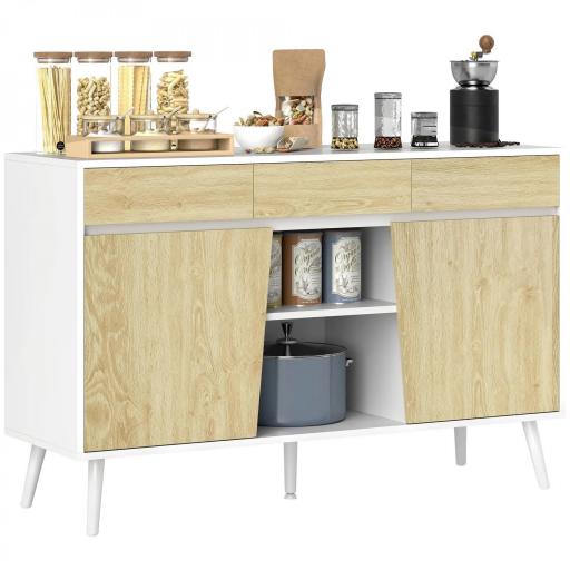 Aparador Moderno con Cajones Estantes Abiertos y Almacenaje Ajustable Para Sala o Comedor 120x39x77 cm Blanco y Natural [10]