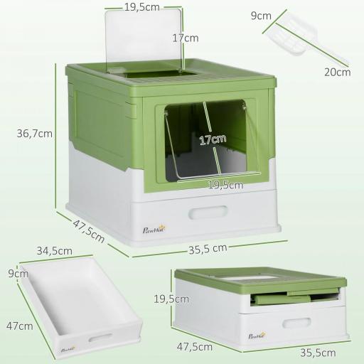 Arenero Cubierto para Gatos Desmontable con Entrada Frontal y Salida Superior 47,5x35,5x36,7 cm Verde Aguacate y Blanco [1]