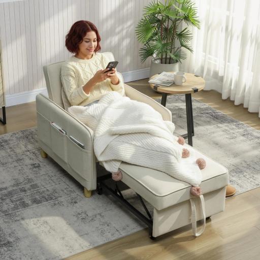 Sillón Cama Individual 3 en 1 Sofá Cama Plegable con Respaldo Ajustable y Cojín para Salón 74x85,5x82 cm Beige
