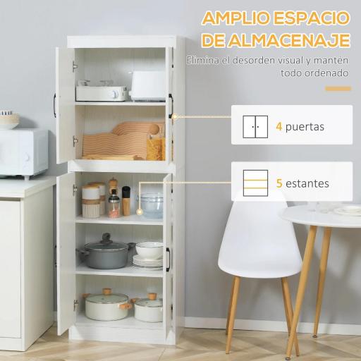 Alacena de Cocina Mueble Auxiliar con 4 Puertas y 5 Estantes Abiertos 60x36x168 cm Blanco [3]