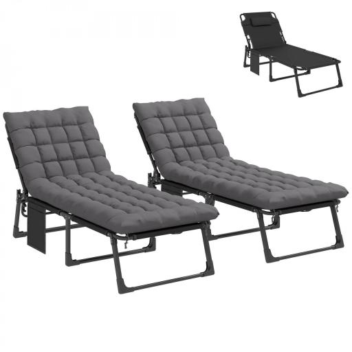 Set de 2 Tumbonas Plegables con Reposacabezas Cojines Bolsillo Lateral y Respaldo Reclinable 5 Posiciones Gris Oscuro [9]