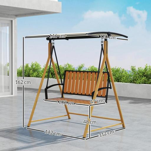 Balancín de Jardín Exterior de 2 Plazas con Toldo Ajustable y Estructura de Metal 142x112x162 cm Madera Natural y Beige [7]