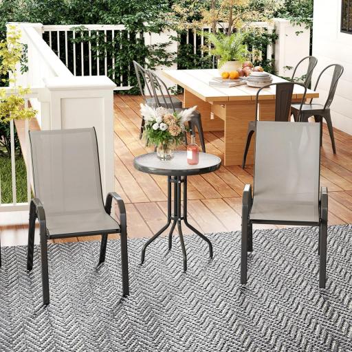 Conjunto de Jardín de 3 Piezas con Mesa Redonda Encimera de Vidrio y Sillas Apilables para Exteriores Gris Claro [0]