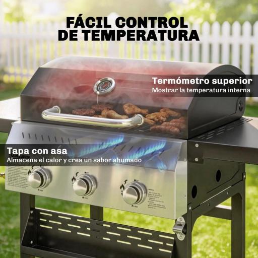 Barbacoa de Gas con 3 Quemadores Termómetro Parrilla Mesas Laterales Plegables Estante y Ruedas 123x57x102 cm Negro [5]
