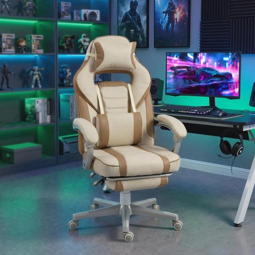 Silla Gamer Reclinable con Altura Ajustable Reposapiés Retráctil Soporte Lumbar y Reposacabezas Desmontable Crema [6]