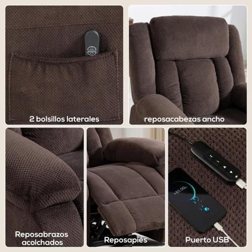 Sillón Relax Reclinable Eléctrico Levanta Personas con Puerto USB Control Remoto Asiento Ancho Reposapiés Marrón [4]