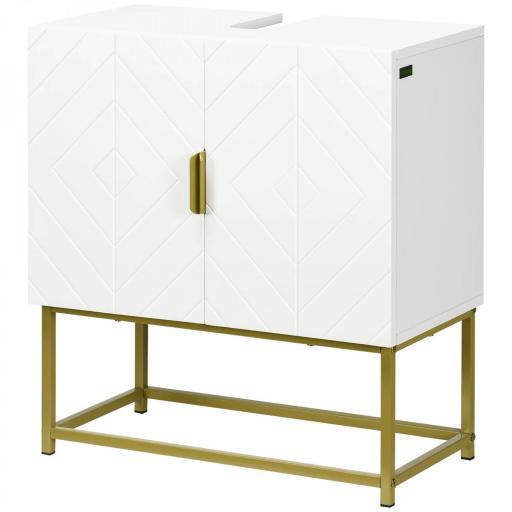 Mueble para Debajo del Lavabo Moderno Armario Bajo con 2 Puertas y Patas de Acero 60x30x65 cm Blanco y Dorado [6]