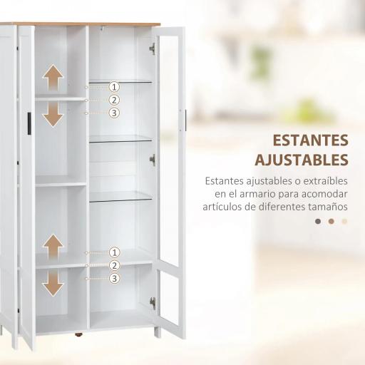 Alacena de Cocina Mueble Auxiliar de Cocina con Puerta de Vidrio y Estantes Ajustables para Comedor 76x36x160 cm Blanco [5]