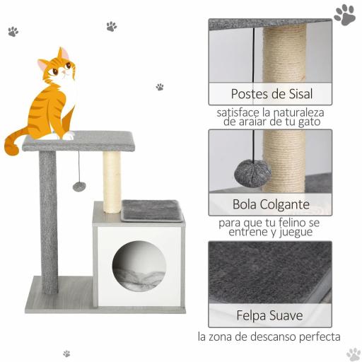 Árbol para Gatos 59x39x62 cm Rascador para Gatos de 3 Niveles con Plataformas Postes de Rascado Cueva de Madera Espaciosa Cojines Extraíbles Suaves Bola de Juguete Gris [4]