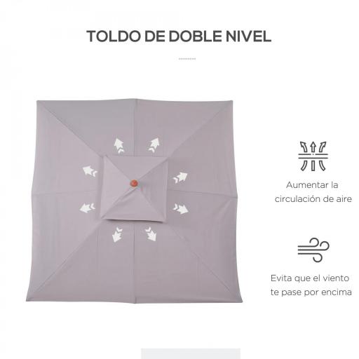 Sombrilla de Jardín 3x3x3 m con Doble Techo Sistema de Polea Impermeable para Terraza Balcón Exterior Gris [3]