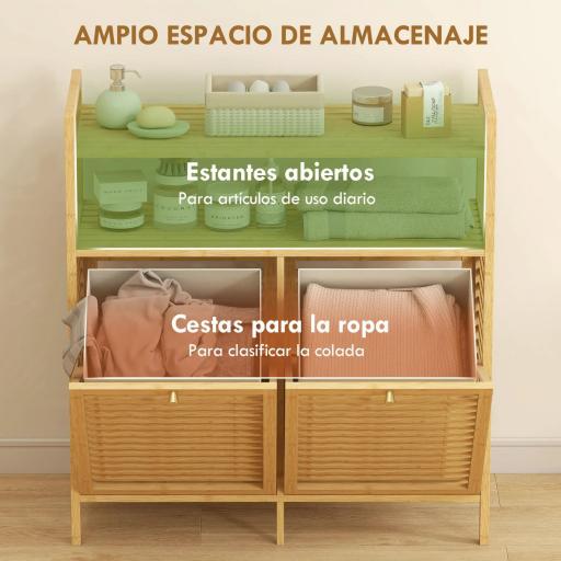 Mueble Ropa Sucia de Bambú 2 Bolsas de Ropa Extraíbles y Lavables con Asa 2 Estantes Abiertos 82x33x88 cm Natural [2]