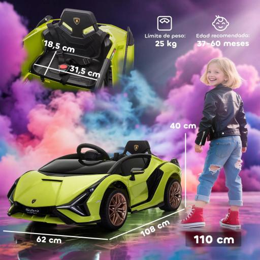 Coche Eléctrico para Niños de +3 Años Lamborghini SIAN Coche de Batería 12V con Mando a Distancia Apertura de Puerta Música MP3 USB y Faros 3-5 km/h 108x62x40 cm Verde [4]
