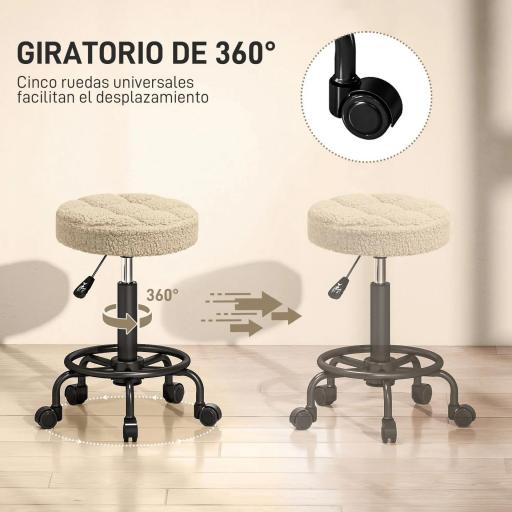 Taburete Giratorio Redondo Taburete con Ruedas Altura Regulable 50-66 cm Asiento Tapizado en Tejido de Borreguito Marrón [5]
