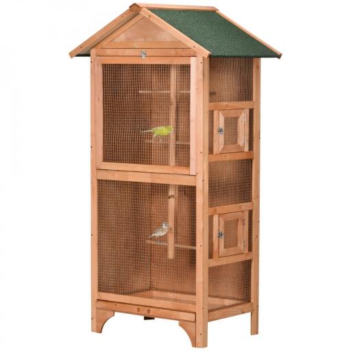 Jaula para Pájaros de Madera con 3 Puertas 4 Perchas Bandeja Extraíble y Techo Asfáltico 80,5x57x153 cm Natural [8]