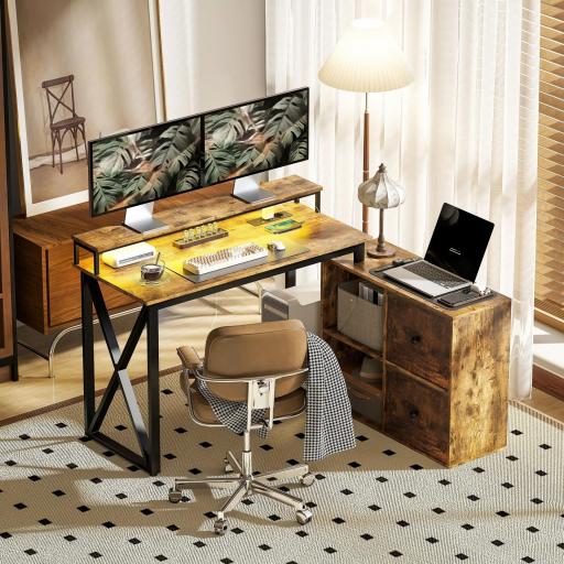 Escritorio Industrial con Luces LED y Estación de Carga con Patas Ajustables y Soporte en X 130x110x91 cm Madera Rústica