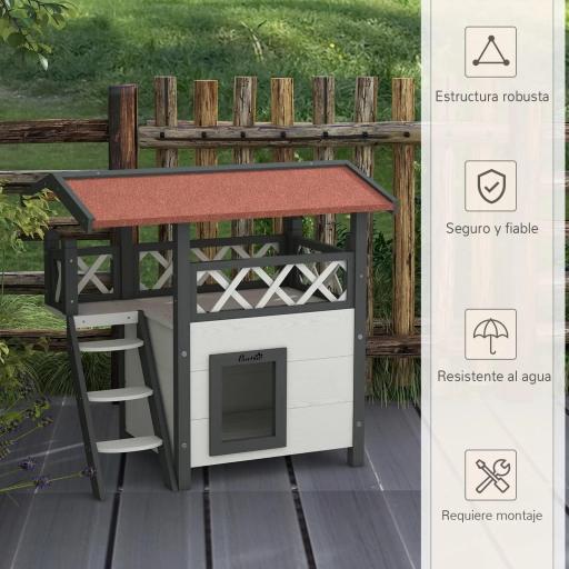 Caseta para Gatos de 2 Niveles 77x50x73 cm Refugio para Gatos con Techo Asfáltico Escalera y Balcón para Exterior Blanco [4]