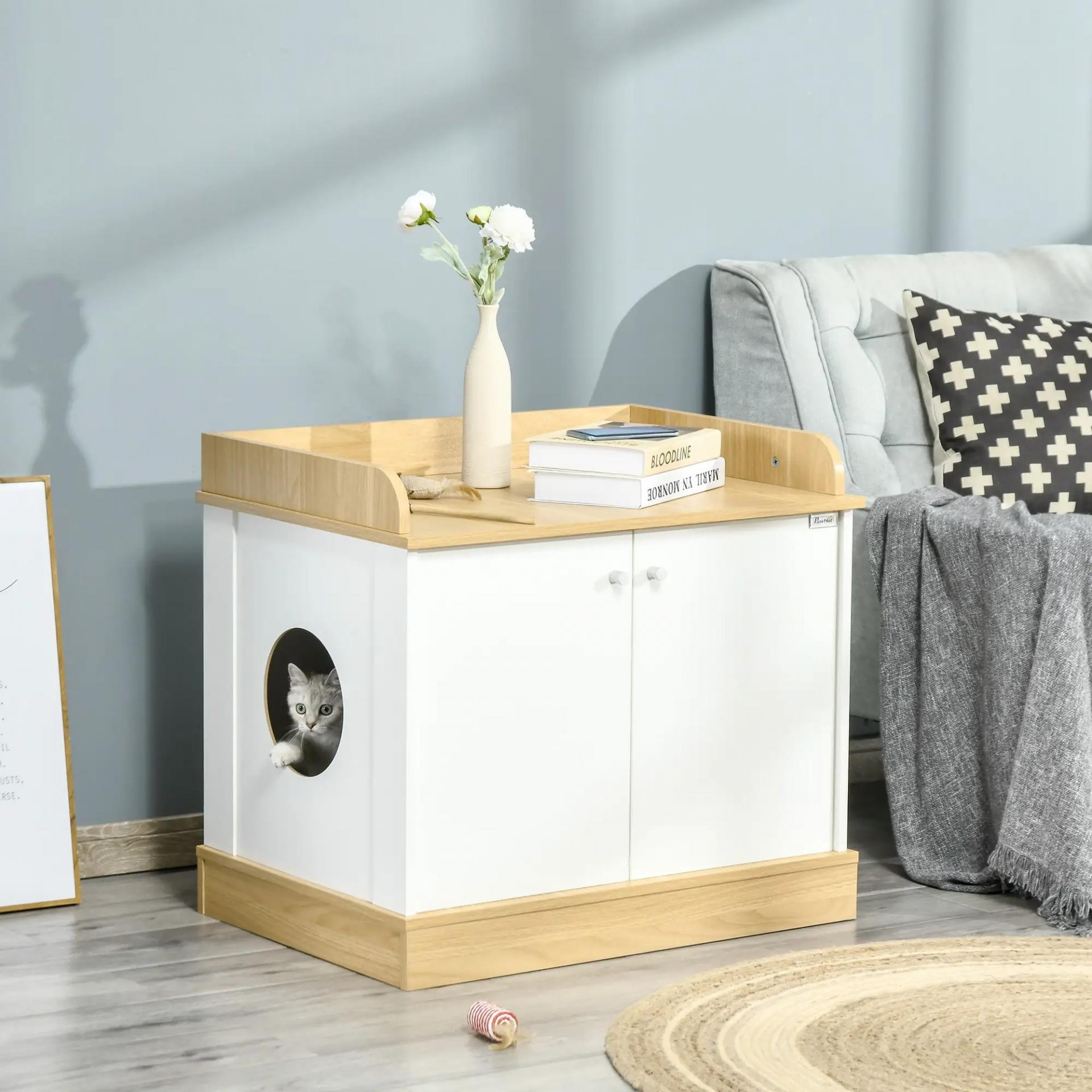 Casa para Gatos de Madera Mueble Arenero para Gatos 2 en 1 con Estante de Almacenaje Doble Puerta y Orificio de Entrada Lateral 75x53x67 cm Blanco y Roble