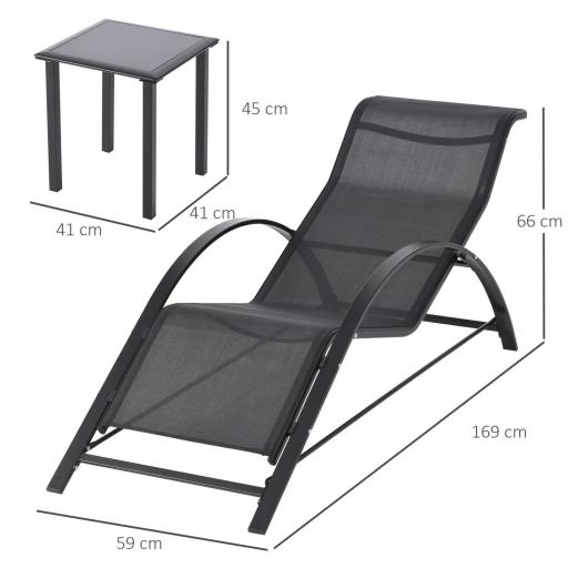Set de 2 Tumbonas Jardín Exterior con Mesa Auxiliar de Vidrio Templado Tumbonas con Respaldo Reposabrazos para Patio Piscina Terraza Exterior Negro [1]
