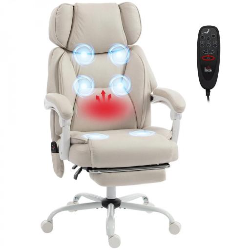  Silla de Escritorio Reclinable con Masaje Vibratorio de 6 Puntos Calor Lumbar Reposacabezas Ajustable Reposapiés Crema [9]
