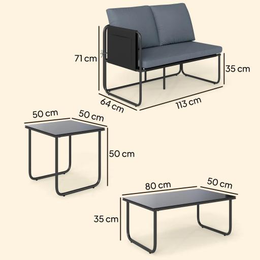 Conjunto Jardín Exterior de 4 Piezas con 2 Sofás 2 Plazas 2 Mesas de Vidrio Cojines Fundas Extraíbles y Bolsillos Gris [1]