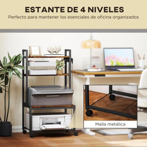 Mueble para Impresora de 4 Niveles con Estación de Carga Ruedas y Marco Metálico para Oficina Casa Marrón Rústico [6]