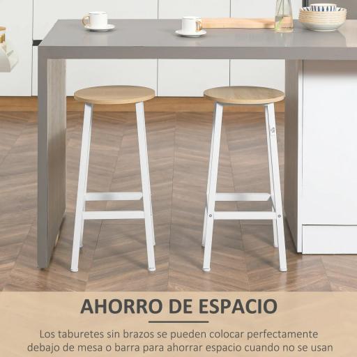 Juego de 2 Taburetes Altos de Cocina con Asiento de Melamina y Patas de Acero 32,5x32,5x65 cm Natural y Blanco [2]