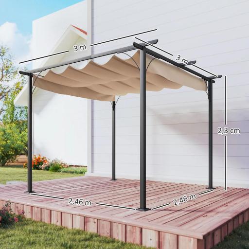 Pérgola de Jardín 3x3m Gazebo Cenador para Exterior con Techo Retráctil Tela Poliéster Impermeable y Anti-UV para Patio Terraza Beige [1]