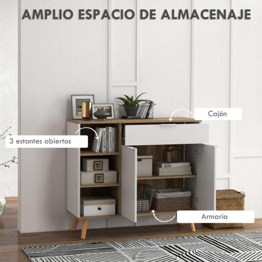 Aparador de Cocina con 1 Cajón 2 Puertas de Cierre Suave y Estantes Ajustables para Comedor 95x35x85 cm Blanco y Natural [6]