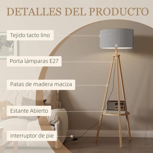 Lámpara de Pie Tipo Trípode con Estructura de Madera Natural y Pantalla de Tela Gris con Estante Integrado 48x48x153 cm [4]