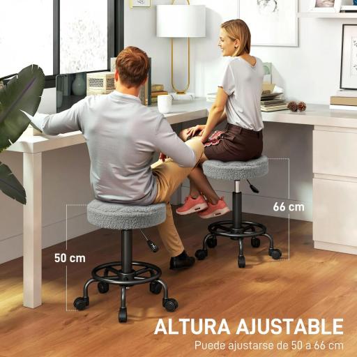 Taburete Giratorio Redondo Taburete con Ruedas Altura Regulable 50-66 cm Asiento Tapizado en Tejido de Borreguito Gris [3]