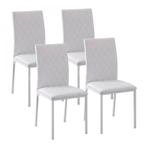 Pack de 4 Sillas de Comedor, Sillas de Cocinas Modernas, Respaldo Alto con Costuras Decorativas de Diamantes, Tapizadas en Cuero Sintético, Patas de Acero, Blanco [8]