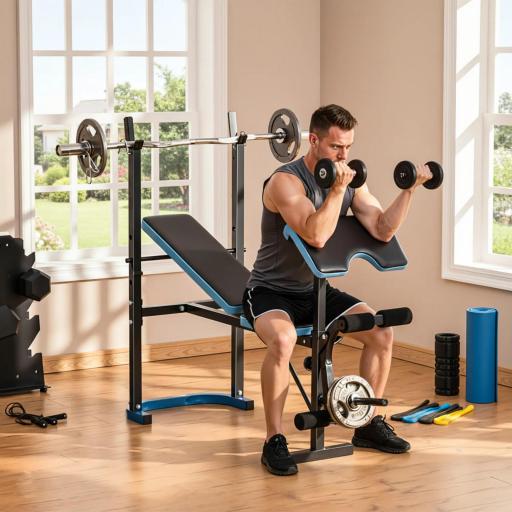 Banco de Musculación Banco de Pesas con Soporte para Barra y Respaldo Ajustable para Entrenamiento en Casa Gimnasio Azul [5]