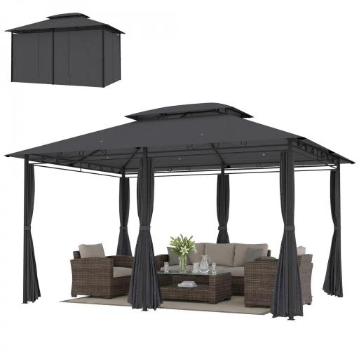 Cenador para Jardín 3x4 m Pabellón de Jardín Gazebo con Doble Techo 6 Paredes Laterales Estructura Metálica Gris [8]