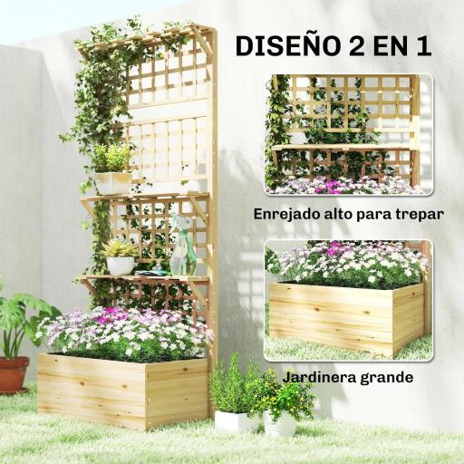 Jardinera con Enrejado y Techo de Madera para Plantas Trepadoras con 2 Estantes Drenaje y Forro 76x43,5x177 cm Natural [3]