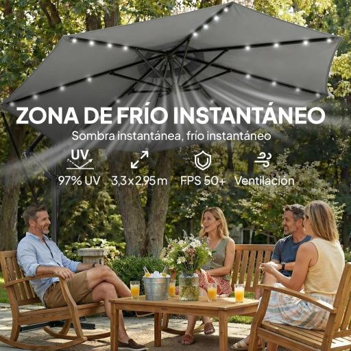 Parasol Excéntrico con Luces LED Solares 330x295 cm Sombrilla con Base Cruzada Manivela Funda Protectora Gris Oscuro [5]