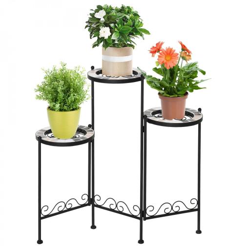 Soporte para Plantas de Metal Mecetas Plegable Estantería para Flores con 3 Estantes y Bordes de Azulejo para Decoración Interiores y Exteriores 60x22x65 cm Negro [8]